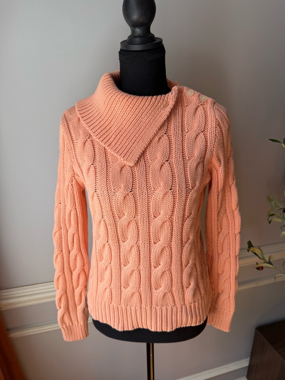 Lauren Ralph Lauren Cable‎ Knit Sweater Peach Button Collar S